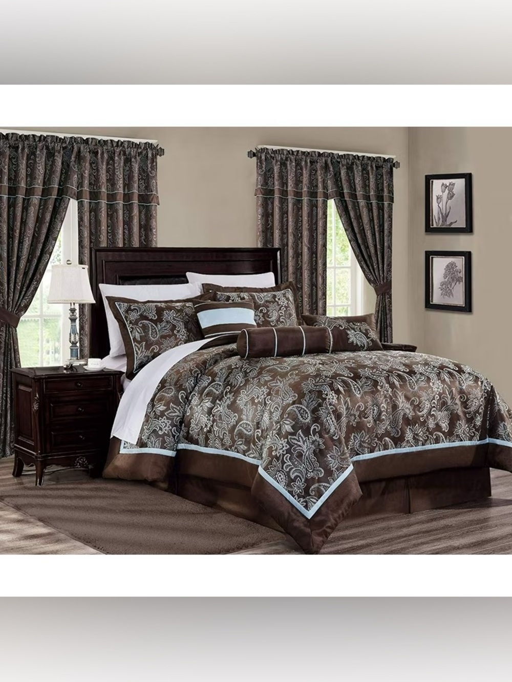 Brown Floral Jacquard Queen 3 piece Comforter Set with Light Blue Trim